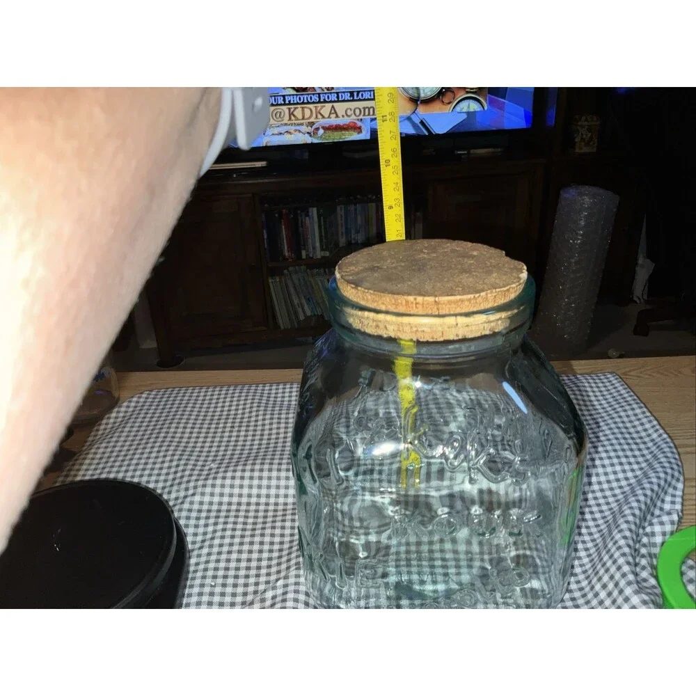 Green Glass Vintage Cookie Biscoutti Kouk Biscuit Jar  Cork Top Very Heavy New